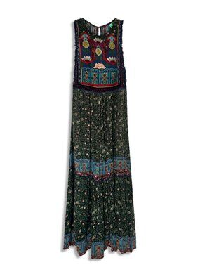 FARM Rio Green Floral Maxi Dress with Blue & Red Accents Long Dress Boho